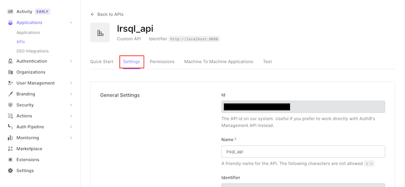 API settings page